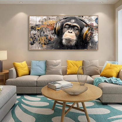 Sorbrozo DJ Gorilla Canvas Wall Art - Vibrant Street Graffiti Painting with Headphones Modern Animal Artwork for Music Lovers Boys Bedroom & Man Cave Decor 24x48in