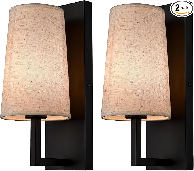 Farmhouse Black Wall Sconces Set of Two Modern 1-Light Hardwired Matte Black Wall Lamp with Fabric Shade Sconces Wall Lighting for Bedroom Hallway Living Room