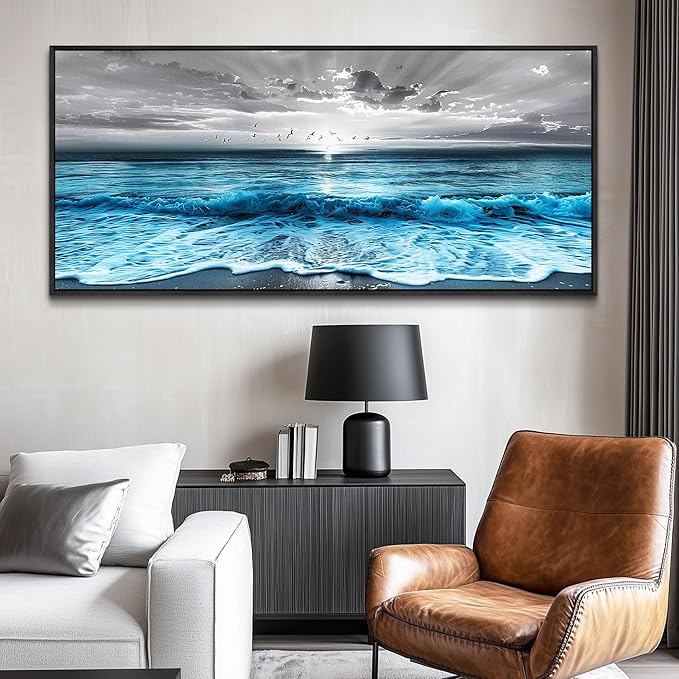 ERQINHUA Large Canvas Black Frame Wall Decor For Living Room Blue Sea Wave Ocean Painting Wall Art For Bedroom Office Dining room Decorations Beach Artworks Wall Pictures Modern Home Decor 32x72 In