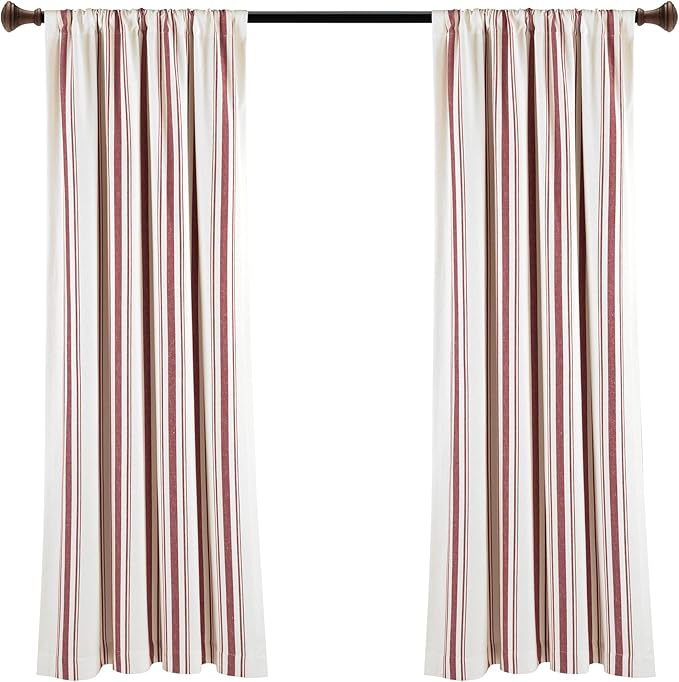 Lush Decor Farmhouse Stripe Yarn Dyed Eco-Friendly Recycled Cotton Window Curtain Panel Pair, 42" W x 63" L, Red - Classic Modern Rustic Charm - Eco Friendly Cotton Fabric