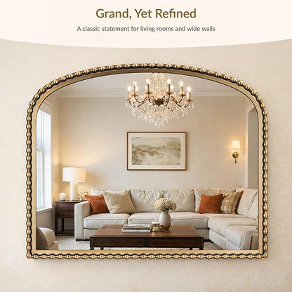 40x30 Inch Wide Arch Wall Mirror, Antique Gold Beaded Frame, Large Horizontal Mantel Mirror for Fireplace, Living Room or Sofa Wall, Decorative Wall Mounted Mirror
