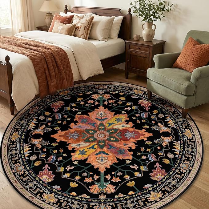 RELEANY Area Rugs Round 6ft Washable Non-Slip, Floral Vintage Distress Print Pattern Medallion Carpet for Living Room Bedroom Dining Room, Black Colorful Floral Dark Tan