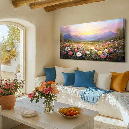 crmotu Landscape Wall Art, Oversized Wall Art, Floral Wall Decor, Mountain Flower Sunset Oil Paintings, Vibrant Scenic Pictures Wall Decor Living Room Bedroom Hallway Farmhouse Canvas Prints 29x57inch