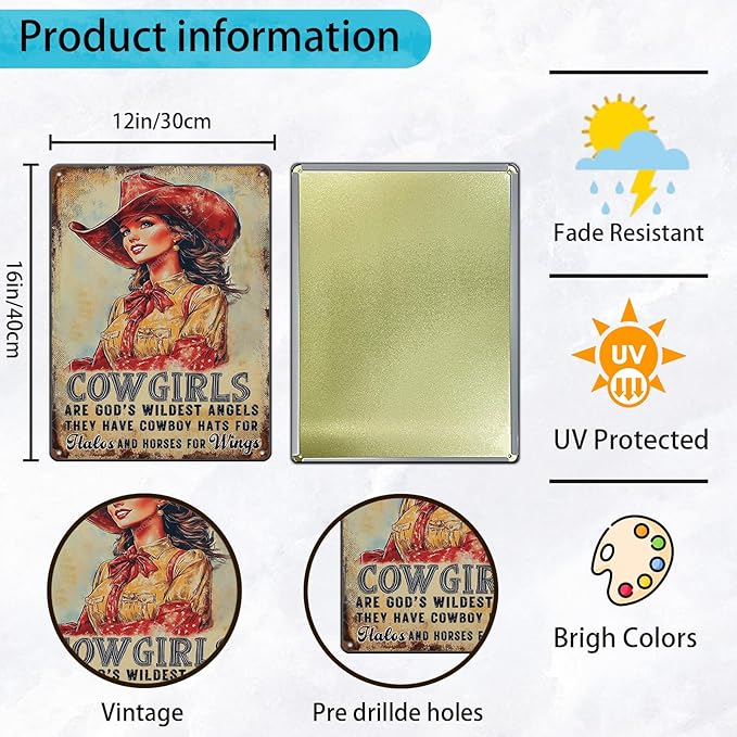 Cowgirl Sign Vintage Metal Tin Sign Cowgirl Are God's Wildest Angels They Have Cowboy Hats for Halos and Horse for Wings Teen Girls Room Decor Wall Art Print 16x12 Inch