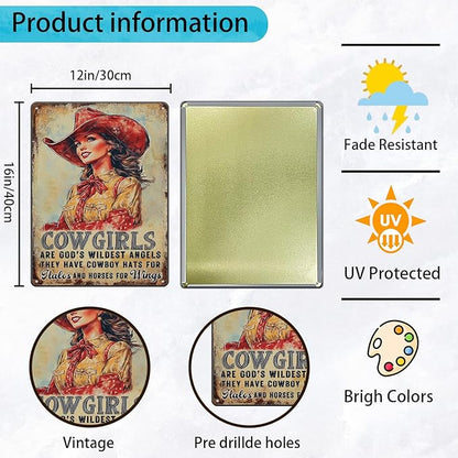 Cowgirl Sign Vintage Metal Tin Sign Cowgirl Are God's Wildest Angels They Have Cowboy Hats for Halos and Horse for Wings Teen Girls Room Decor Wall Art Print 16x12 Inch
