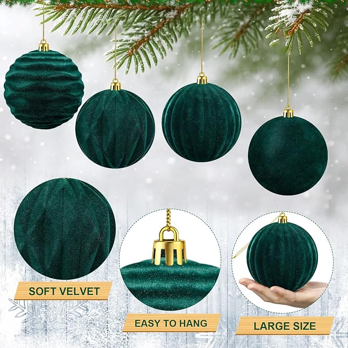 Liliful 12 Pcs Velvet Christmas Ornaments Balls, 4 Inch Flocked Plastic Christmas Tree Ball Shatterproof Hanging Ornaments Decorations for Xmas Tree Vintage Holiday Rustic Home Decor(Dark Green)