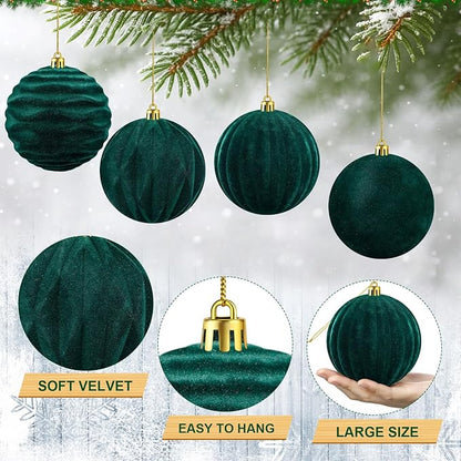 Liliful 12 Pcs Velvet Christmas Ornaments Balls, 4 Inch Flocked Plastic Christmas Tree Ball Shatterproof Hanging Ornaments Decorations for Xmas Tree Vintage Holiday Rustic Home Decor(Dark Green)