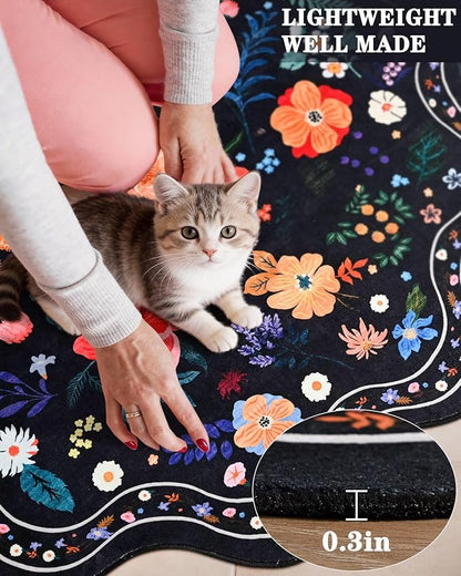 Macgace Black Round Rug for Girls Bedroom, 4ft Machine Washable Floral Area Rugs with Non Slip Backing, Cute Flower Carpet Kitchen Living Room Kids Playroom Decor