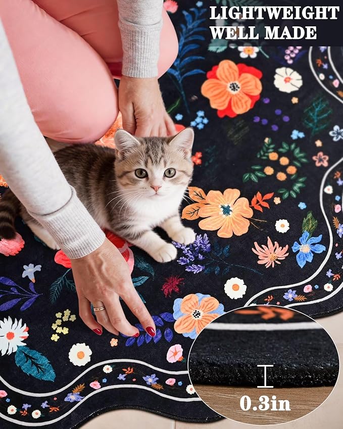 Macgace Black Round Rug for Girls Bedroom, 5ft Machine Washable Floral Area Rugs with Non Slip Backing, Cute Flower Carpet Kitchen Living Room Kids Playroom Decor