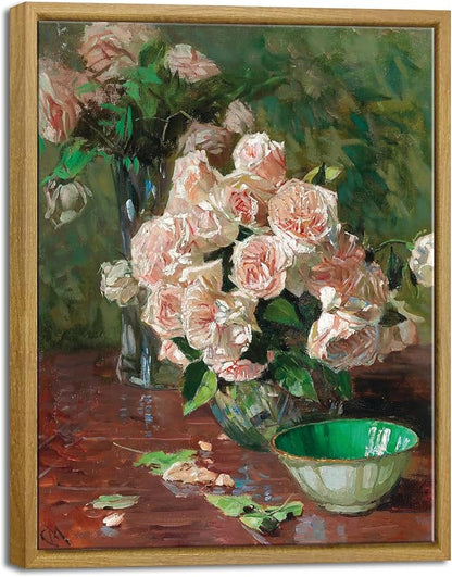 Pyradecor Vintage Retro Framed Wall Art White Roses Canvas Prints Mid Century Wall Decor Bedroom Decor for Living Room Farmhouse Kitchen Decorations
