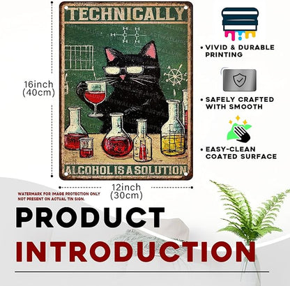 Funny Bar Signs "Technically Alcohol is a Solution" Black Cat Metal Decor for Pub Tavern & Man Cave 12x16Inch