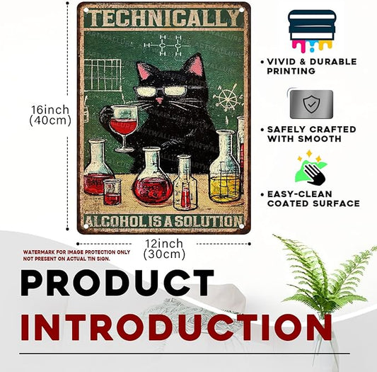 Funny Bar Signs "Technically Alcohol is a Solution" Black Cat Metal Decor for Pub Tavern & Man Cave 12x16Inch