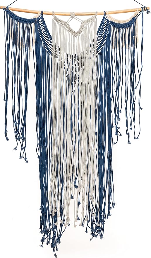 Concepts Tricolored Macrame Wall Hanging Large 36x48 Handmade Boho Wall Hanging Navy Gray Natural Cotton Macrame Wall Art Tricolor Woven Bohemian Wall Decor for Living Room Bedroom Hallway