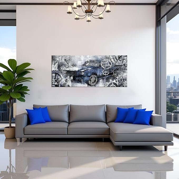 LevvArts Men Bedroom Wall Decor Vintage Car Painting Prints Industrial Steampunk Pictures Blue and Gray Artwork 20"x48"