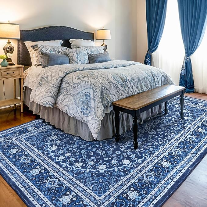 Lessymo Area Rugs 9x12 Living Room- Large Area Rug Machine Washable Area Rug for Bedroom Living Room, Vintage Rugs Boho Floral Medallion, Non-Slip Rubber, Low Pile, Kid & Pet Friendly, Blue White