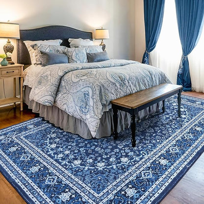 Lessymo Area Rugs 9x12 Living Room- Large Area Rug Machine Washable Area Rug for Bedroom Living Room, Vintage Rugs Boho Floral Medallion, Non-Slip Rubber, Low Pile, Kid & Pet Friendly, Blue White