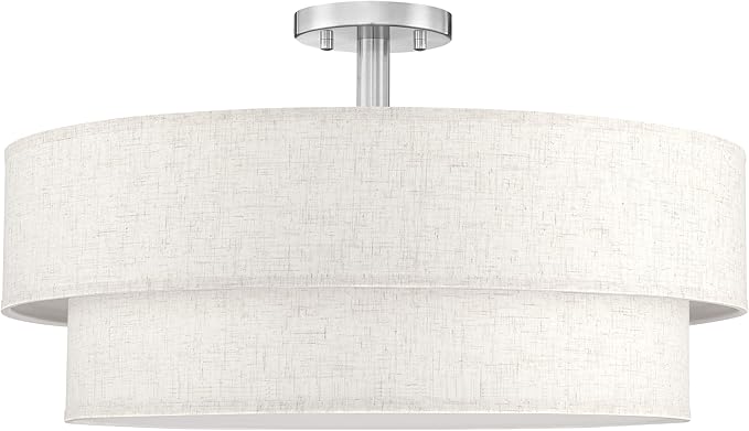 24 Inch LED 28W Adjustable 3000/4000/5000 Brushed Nickel Double Drum Linen Fabric Shade Semi Flush Mount Close to Ceiling Light Fixture for Bedroom,Living Room,Dining Room Hallway