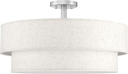 24 Inch LED 28W Adjustable 3000/4000/5000 Brushed Nickel Double Drum Linen Fabric Shade Semi Flush Mount Close to Ceiling Light Fixture for Bedroom,Living Room,Dining Room Hallway