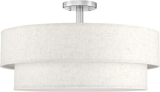 24 Inch LED 28W Adjustable 3000/4000/5000 Brushed Nickel Double Drum Linen Fabric Shade Semi Flush Mount Close to Ceiling Light Fixture for Bedroom,Living Room,Dining Room Hallway