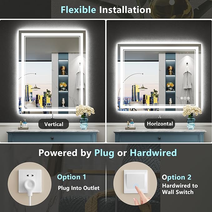 40x38 LED Bathroom Mirror with Lights, Backlit and Front Lit Anti-Fog Lighted Vanity Mirrors for Bathroom Wall, Dimmable, 3-Color Light, Memory, Shatter-Proof, HD Tempered Glass, CRI＞90