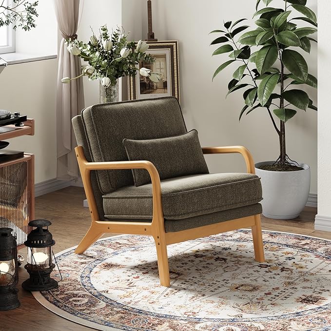 MALOL Accent Chair with Solid Wood Frame, Mid-Century Relaxing Armchair Lumbar Pillow& Soft Cushion, Reading Leisure Chair for Living Room, Bedroom, Waiting Room-Green