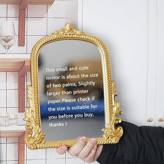 Vintage Gold Arched Mirror for Vanity with Resin Frame -Small Size (9.5 x 11.6 inch) Standing Mirror for Living Room, Bedroom, Tabletop