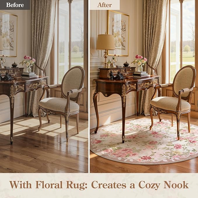 Lahome Floral Round Entryway Rug 4ft,Small Washable Circle Rug for Girls Bedroom Bathroom,Vintage Carpet for Kids Room, Nursery,Office, College Dorm Reading Nina