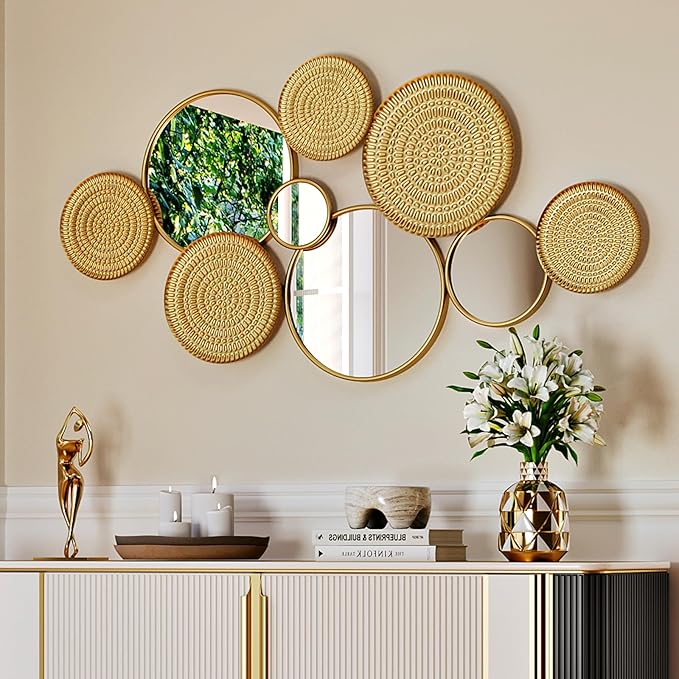 PERHOM Wall Decor Mirror, 45"x23" Gold Wall Art Mirror, Modern Wall Sculptures Mirrors with Gold Metal Frame for Living Room, Entryway, Bedroom, Dinner Room, Fireplace