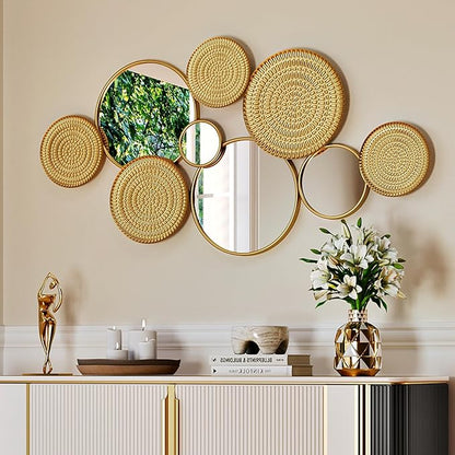 PERHOM Wall Decor Mirror, 45"x23" Gold Wall Art Mirror, Modern Wall Sculptures Mirrors with Gold Metal Frame for Living Room, Entryway, Bedroom, Dinner Room, Fireplace