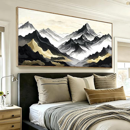 Extra Large Framed Natural Abstract Living Room Wall Art, Black White And Gold Mountain Canvas Wall Decor, Modern And Elegant Landscape Print Picture For Dining Rooms, Bedrooms, Lounges, Offices, And Hallways. 58X29 Inches.