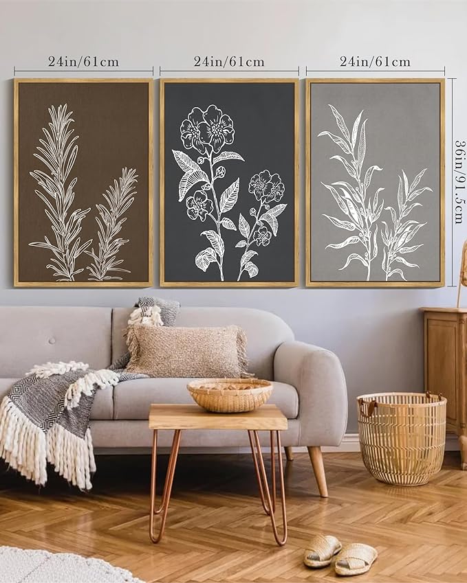 Drsoum Botanical Boho Vintage Flower Wall Art Framed Retro Floral Prints Wildflower Neutral Rustic Bohemain Artwork Kitchen Living Room Ready to Hang 24x36in Natural Framed