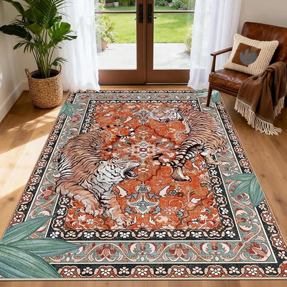 Tiger Washable Rugs for Living Room 4x6Ft, Boho Jungle Bedroom Area Rugs, Thin Botanical Entryway Nursery Area Floor Carpets for Dorm Dining Room Kids Playroom Study Farmhouse, Rust Red