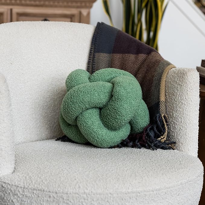 SAMIAH LUXE Sage Green Teddy Boucle Knot Pillow Ball 12", Permanently Stitched Knotted Decorative Throw Pillow, Natural Kapok Fill, Round Accent Pillow for Couch Sofa Bed, Boho Home Decor