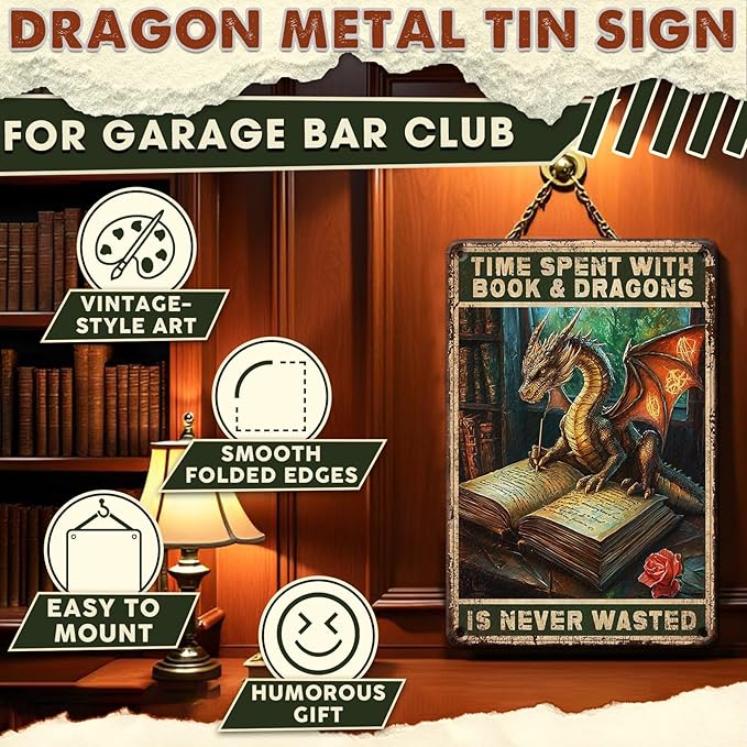 Dragon Metal Tin Sign Vintage Funny Wall Decor Time Spent With Books And Dragons Is Never Wasted Poster For Book Lovers Library Study Office Reading Nook Home Bar 8x12 Inch