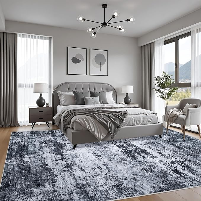 5x5 Area Rug Living Room Rug: Washable Modern Abstract Soft Thin Rug Indoor Floor No Slip Stain Resistant Carpet for Bedroom Dining Room Farmhouse Nursery Home Office - Black