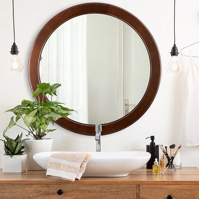 CULER Round Wood Mirror 24 Inch,Circle Mirror with Walnut Frame for Wall,Rustic Decorative Round Wall Mirror for Bathroom Bedroom Entryway（Walnut Brown）