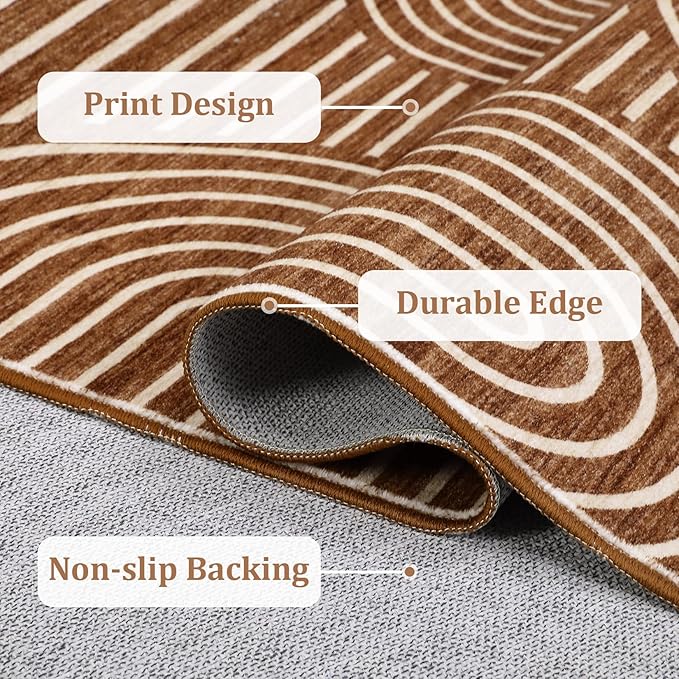ROYHOME Washable Rug 6x9 Area Rugs for Living Room, Abstract Rug for Bedroom, Soft Rainbow Non Slip Throw Rugs with Rubber Back, Low Pile Stain Resistant Boho Geometric Carpet for Dining Room, Copper
