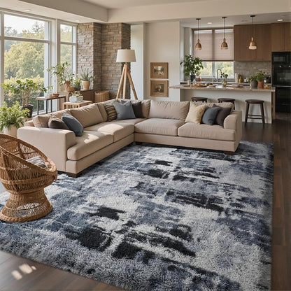 7x10 Ft Extra Large Shag Rugs for Living Room, Tie Dyed Ultra Soft Fluffy Furry Area Rugs for Bedroom Indoor Floor, Aesthetic Carpet for Kids Home Decor (Blue)