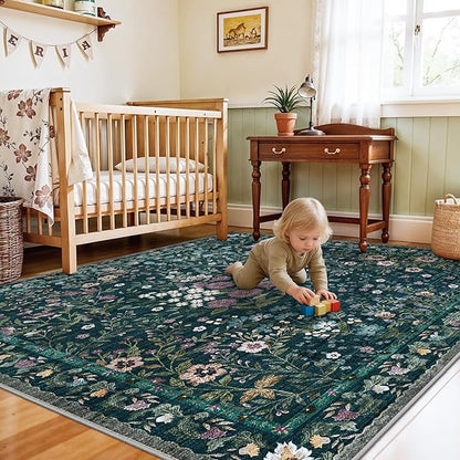 5x5 Living Room Area Rug Washable: Floral Non-Slip Mats for Indoor Floor Entryway Dining Room Bedroom - Soft Thin Carpet for Vintage Neutral Home Decor (5ft Square, Green)