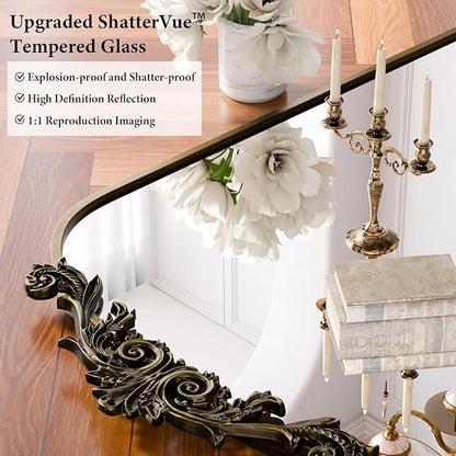Koonmi Vintage Mirror, 24x36 Antique Barolon Mirror for Wall, Bronze Frame with Ornate Patterns, Flower Head, Shatter-Proof Tempered Glass Arched Decorative Mirrors for Bathroom