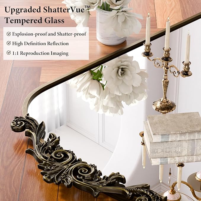 Koonmi Vintage Mirror, 30x40 Antique Decorative Mirrors with Flower Head, Bronze Ornate Mirror for Wall, Tempered Glass, Baroque Mirrors for Bathroom Living Room Fireplace Entryway