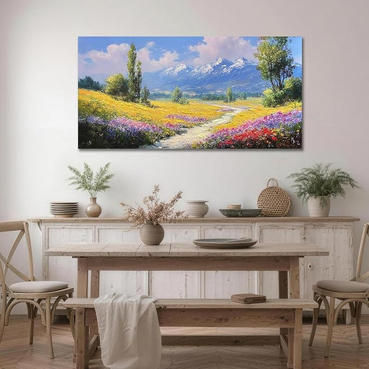 Enartly Landscape Garden Canvas Wall Art for Living Room, Wildflower Mountain Wall Decor Floral Paintings Natural Artwork Prints for Home Bedroom Garden Farmhouse Decor, 40"x20"