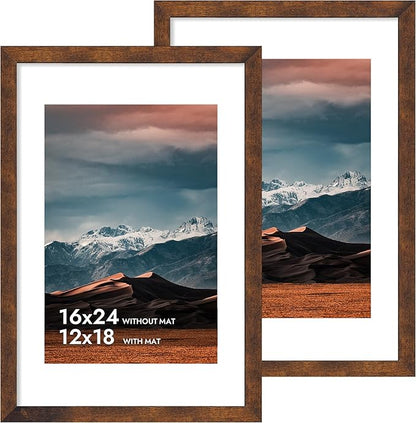 iRahmen 16x24 Poster Frame with 12x18 Mat - Plexiglass Wooden Picture Frames for Photo Wall Gallery Mounting (Dark Brown, Set of 2)
