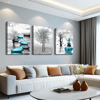 Canvas Wall Art for Living Room Wall Decor for Bedroom Bathroom Black and White Paintings Modern 3 Piece Framed Canvas Art Prints Ready to Hang Inspirational Abstract Blue Pictures Home Decorations
