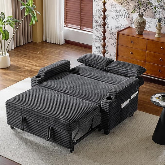 VINGLI Dark Gray Futon Sofa Bed Convertible Loveseat Sleeper Sofa Couch, Corduroy Pullout Sofa Fold Out Couch Bed with USB Ports, Cup Holders, Armrest for Living Room, Bedroom Apartment Room | Lovesest Sleeper
