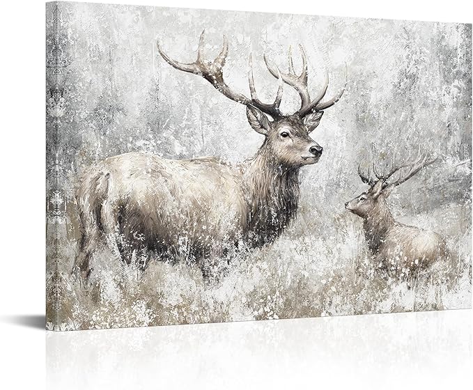 LevvArts Deer Canvas Wall Art Vintage Elk Painting Prints Rustic Farmhouse Kitchen Decor Wildlife Artwork Framed Ready to Hang (Large)