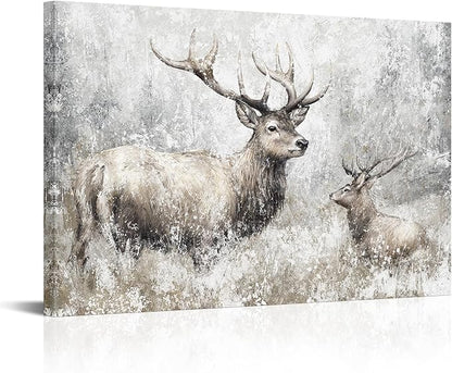 LevvArts Deer Canvas Wall Art Vintage Elk Painting Prints Rustic Farmhouse Kitchen Decor Wildlife Artwork Framed Ready to Hang (Large)