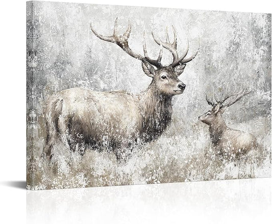 LevvArts Deer Canvas Wall Art Vintage Elk Painting Prints Rustic Farmhouse Kitchen Decor Wildlife Artwork Framed Ready to Hang (Large)