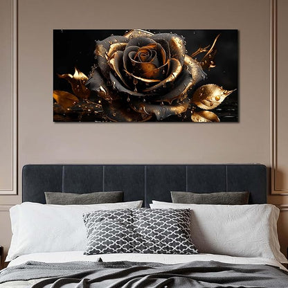 Ouzzlie Large Black Canvas Art for Bedroom Rose Wall Art Flower Picture Gold Wall Decor Artwork for Living Room Office 24" x 48"
