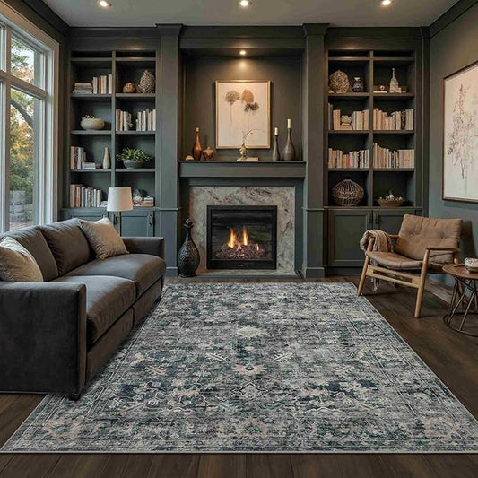 Rugxara 5x7 Area Rugs for Living Room Bedroom, Blue Washable Rug, Vintage Retro Boho Rug, Non Slip & Low Pile Faux Wool Thin Carpet for Indoor Dining Room and Kids Room(Blue 5x7ft)